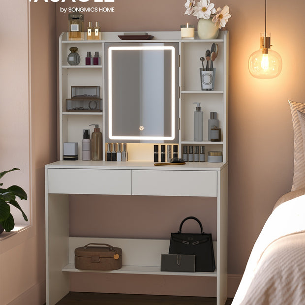 Dressing Table – Wood – Cloud White – Adjustable LED Lights with Mirror and Spacious Storage