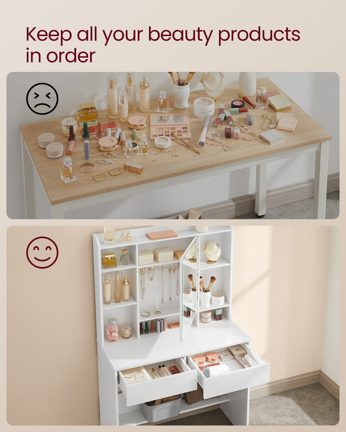 Dressing Table – Wood – Cloud White – Adjustable LED Lights with Mirror and Spacious Storage