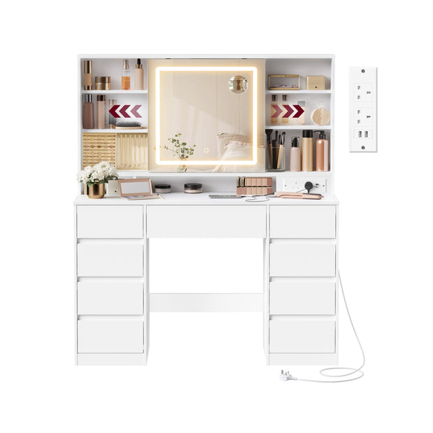 Dressing Table – MDF – Cloud White – LED Mirror with Power Outlets and 9 Drawers