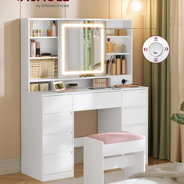 Dressing Table – MDF – Cloud White – LED Mirror with Power Outlets and 9 Drawers
