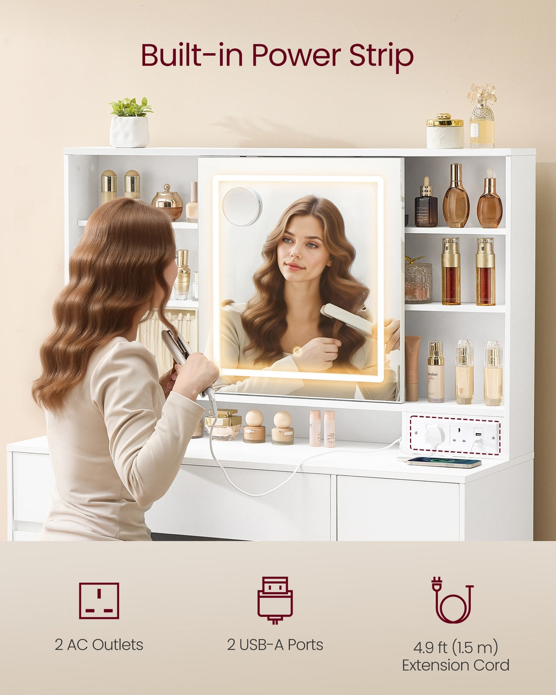 Dressing Table – MDF – Cloud White – LED Mirror with Power Outlets and 9 Drawers