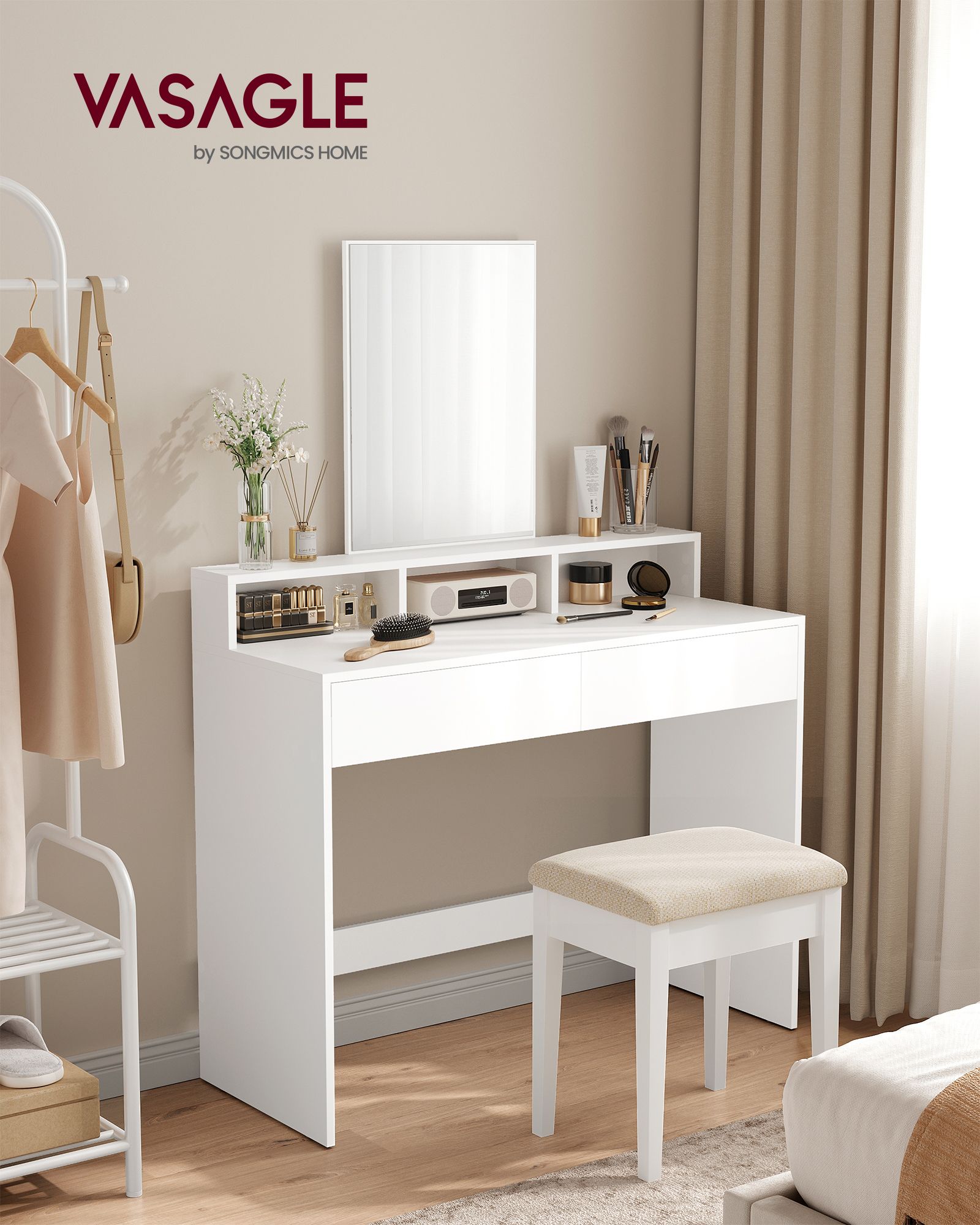 Dressing Table – Wood – Modern Finish – Large Rectangular Mirror with 2 Drawers and 3 Open Compartments