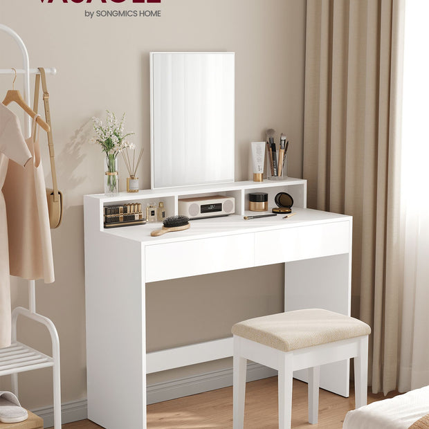 Dressing Table – Wood – Modern Finish – Large Rectangular Mirror with 2 Drawers and 3 Open Compartments
