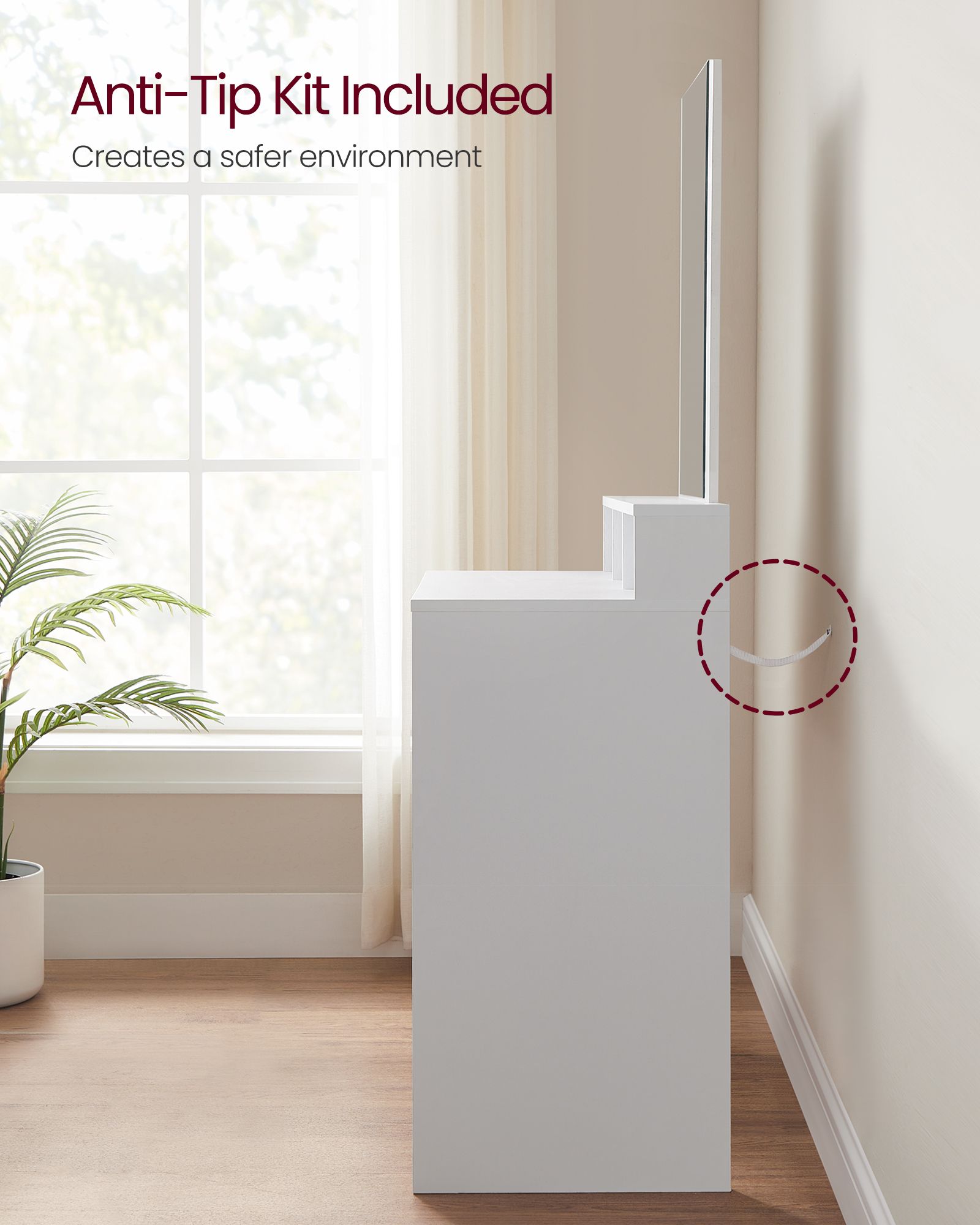 Dressing Table – Wood – Modern Finish – Large Rectangular Mirror with 2 Drawers and 3 Open Compartments