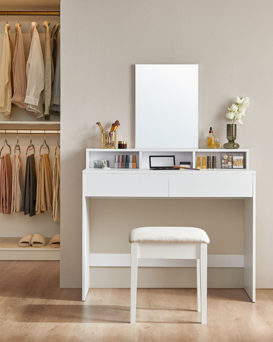 Dressing Table – Wood – Modern Finish – Large Rectangular Mirror with 2 Drawers and 3 Open Compartments