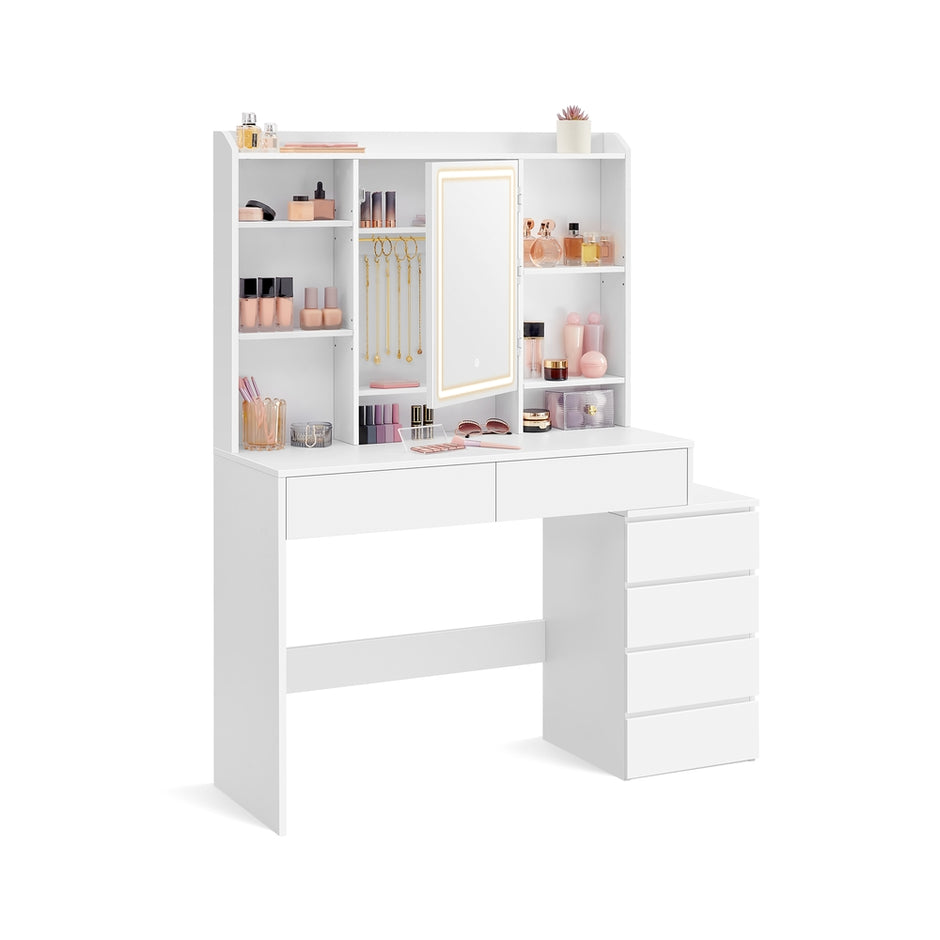 Dressing Table – Engineered Wood – Cloud White – LED Lights with Adjustable Brightness and Drawers