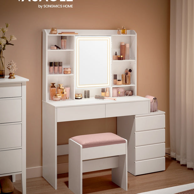 Dressing Table – Engineered Wood – Cloud White – LED Lights with Adjustable Brightness and Drawers