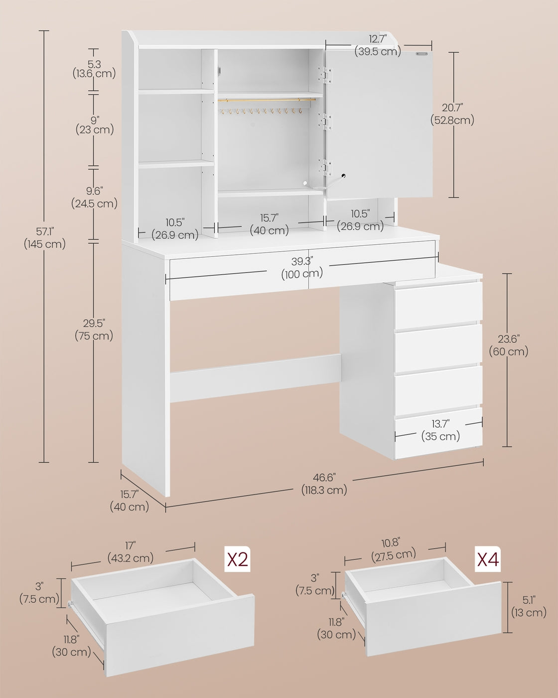 Dressing Table – Engineered Wood – Cloud White – LED Lights with Adjustable Brightness and Drawers