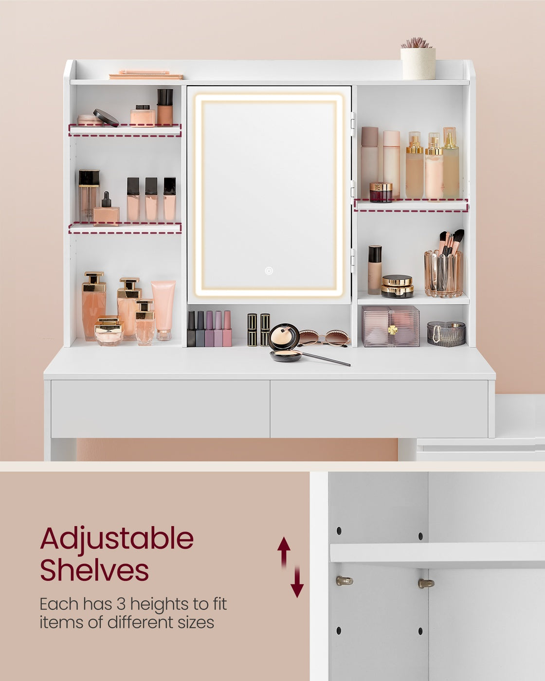 Dressing Table – Engineered Wood – Cloud White – LED Lights with Adjustable Brightness and Drawers