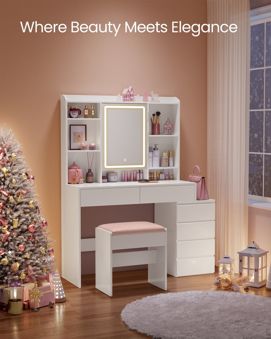 Dressing Table – Engineered Wood – Cloud White – LED Lights with Adjustable Brightness and Drawers