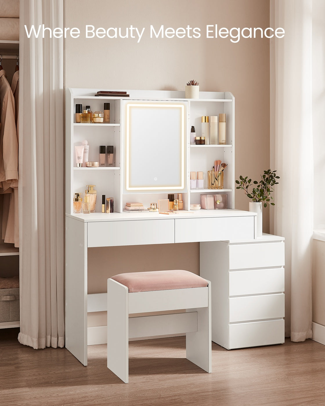 Dressing Table – Engineered Wood – Cloud White – LED Lights with Adjustable Brightness and Drawers