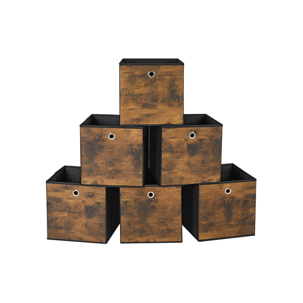 Set of 6 Folding Storage Boxes – Non-Woven and Oxford Fabric – Rustic Brown and Black – 30 x 30 x 30 cm