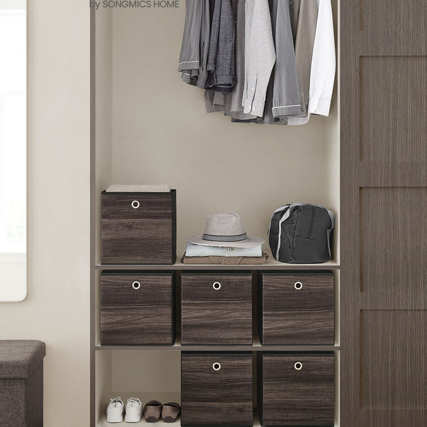 Set of 6 Foldable Storage Organiser Boxes – Non-Woven Fabric – Rustic Brown and Black – Includes Handles