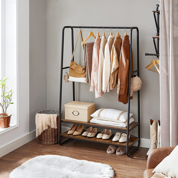 Heavy-Duty Clothes Rack – Steel – Rustic Brown and Black – Includes Shelves and S-Hooks