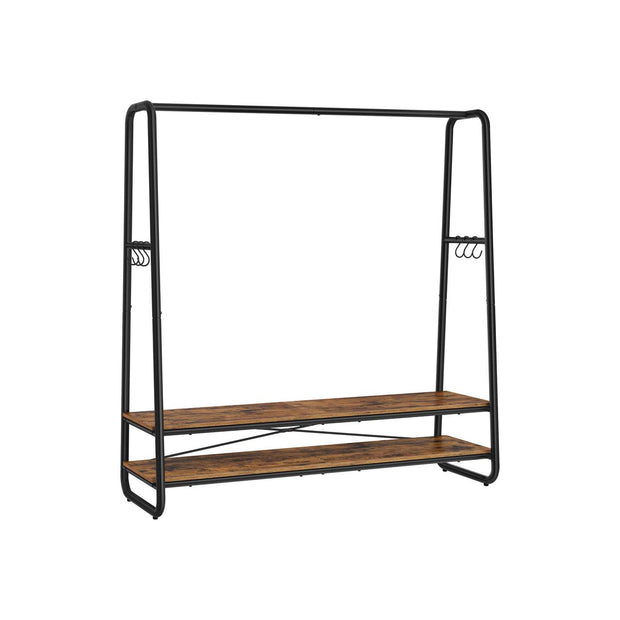 Clothes Rail – Steel – Rustic Brown and Black – Heavy-Duty with 2 Shelves and 6 S-Hooks