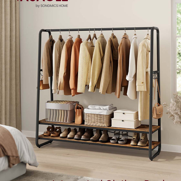 Clothes Rail – Steel – Rustic Brown and Black – Heavy-Duty with 2 Shelves and 6 S-Hooks