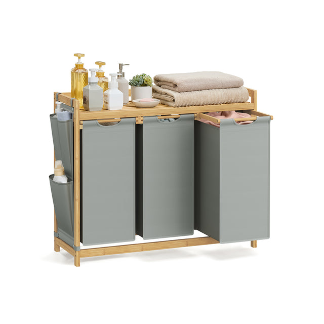 3-Compartment Laundry Hamper – Fabric – Cream White – 150L Capacity with Shelf and Side Pockets