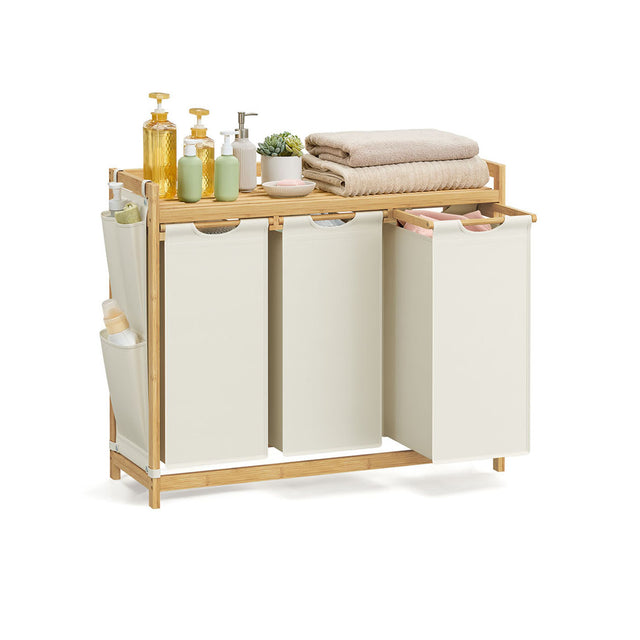 3-Compartment Laundry Hamper – Fabric – Cream White – 150L Capacity with Shelf and Side Pockets