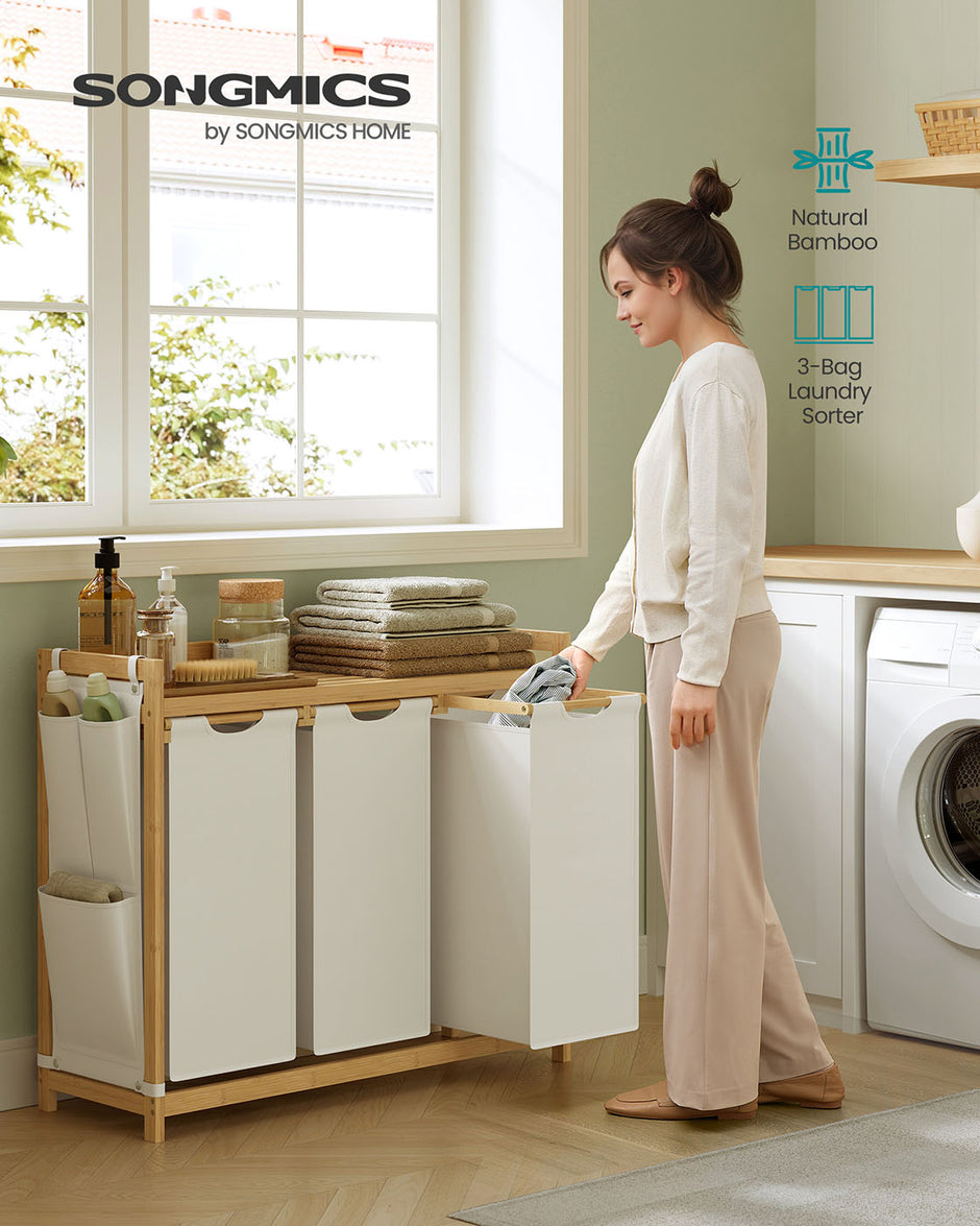 3-Compartment Laundry Hamper – Fabric – Cream White – 150L Capacity with Shelf and Side Pockets