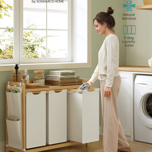 3-Compartment Laundry Hamper – Fabric – Cream White – 150L Capacity with Shelf and Side Pockets