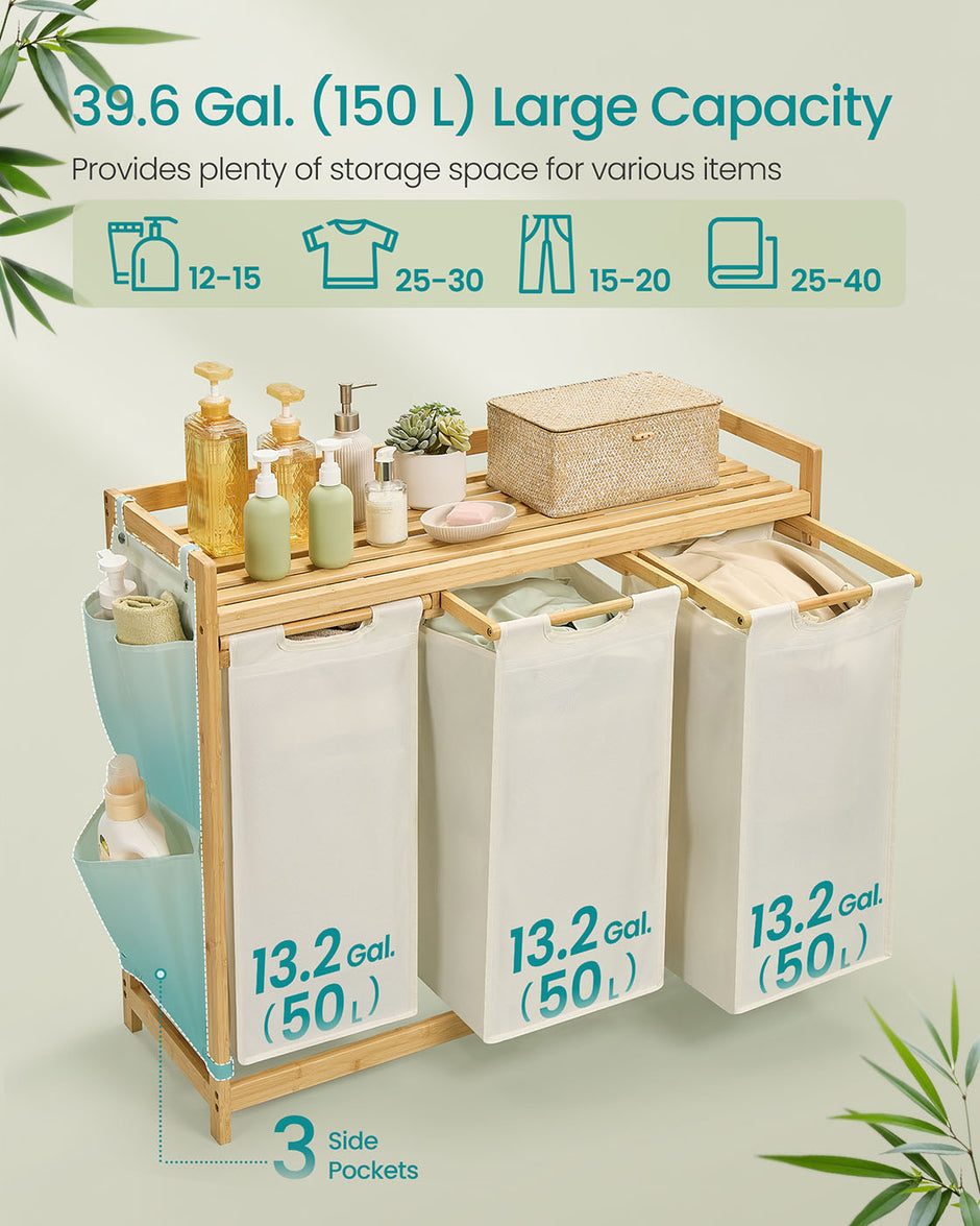 3-Compartment Laundry Hamper – Fabric – Cream White – 150L Capacity with Shelf and Side Pockets