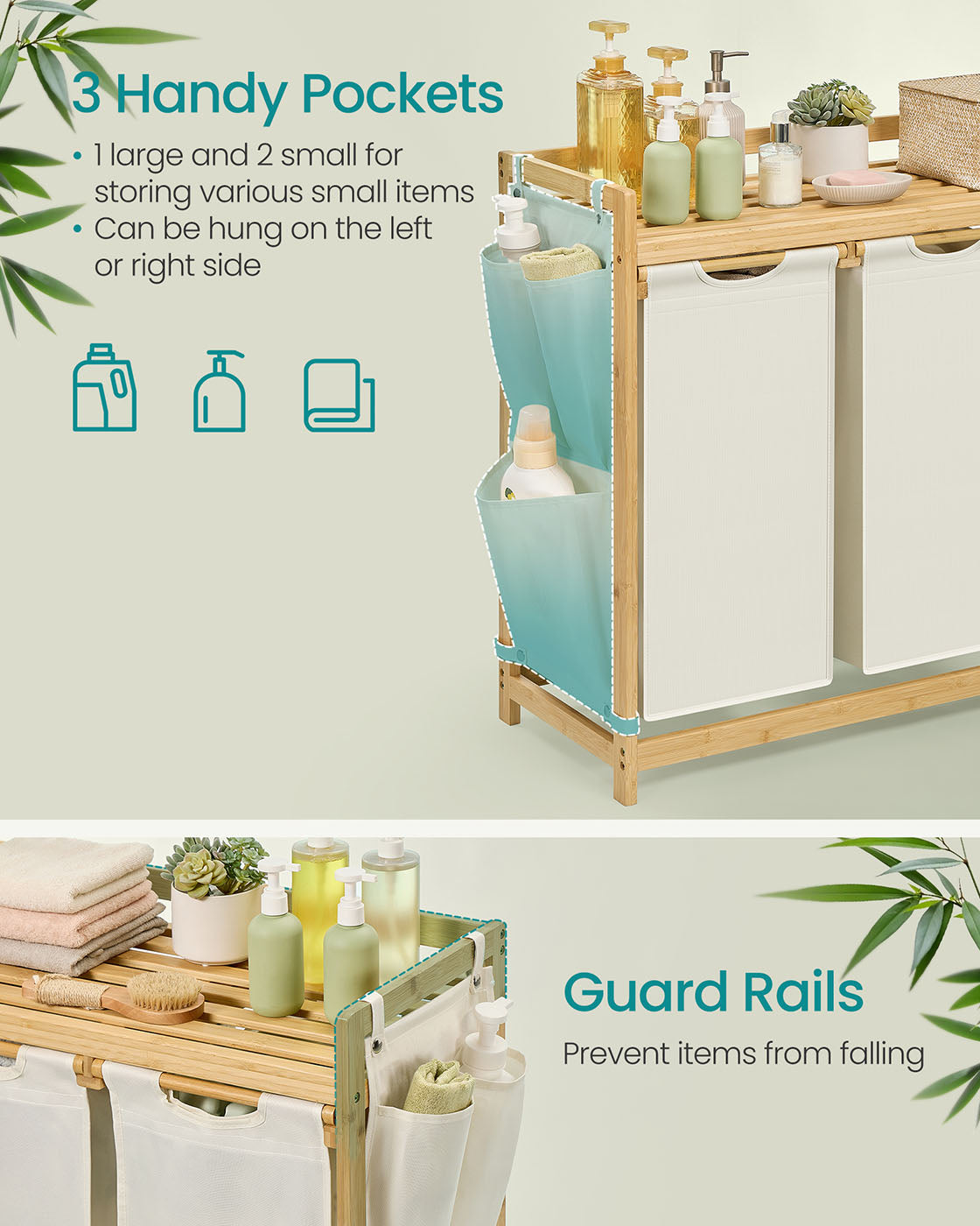 3-Compartment Laundry Hamper – Fabric – Cream White – 150L Capacity with Shelf and Side Pockets