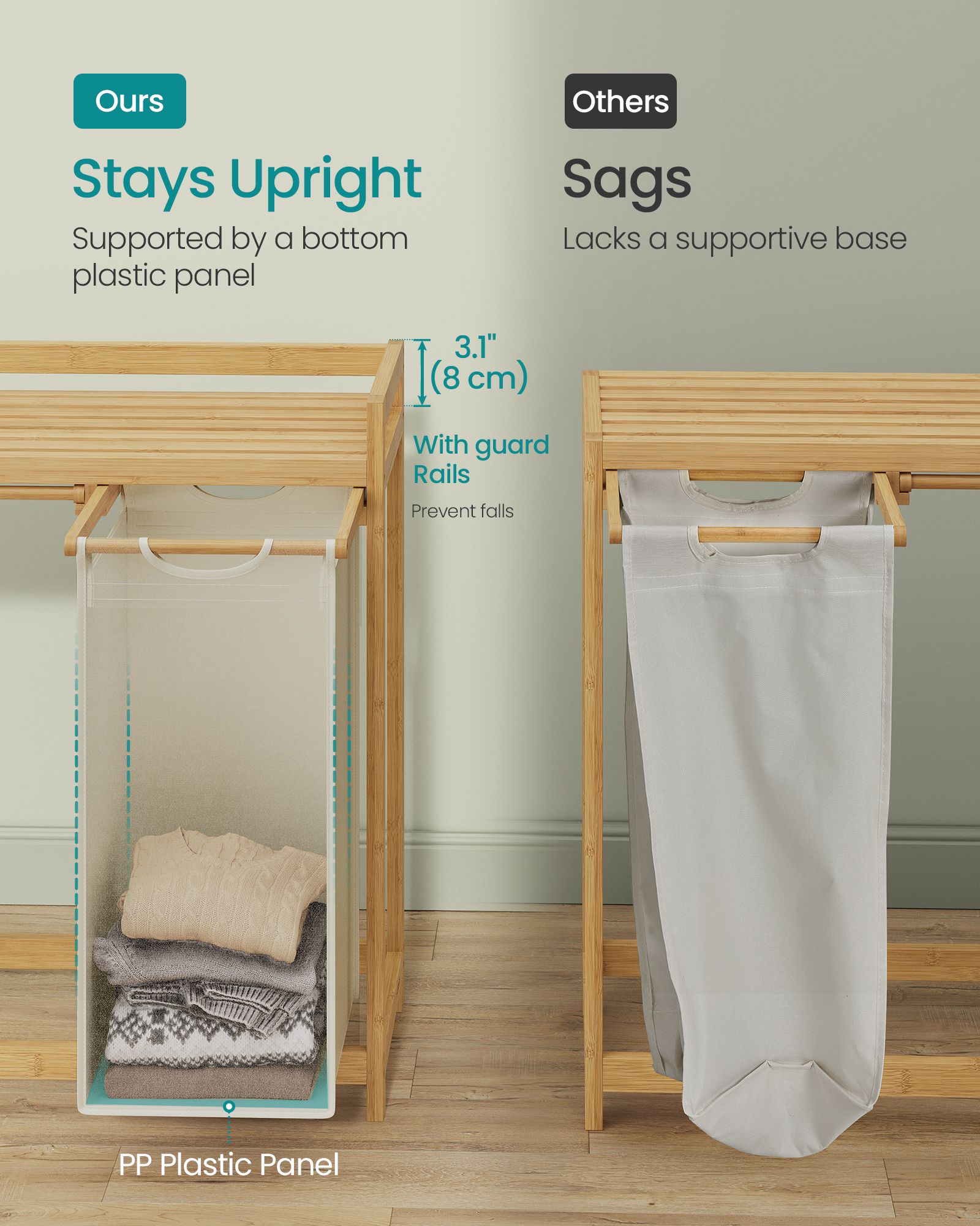 3-Compartment Laundry Hamper – Fabric – Cream White – 150L Capacity with Shelf and Side Pockets