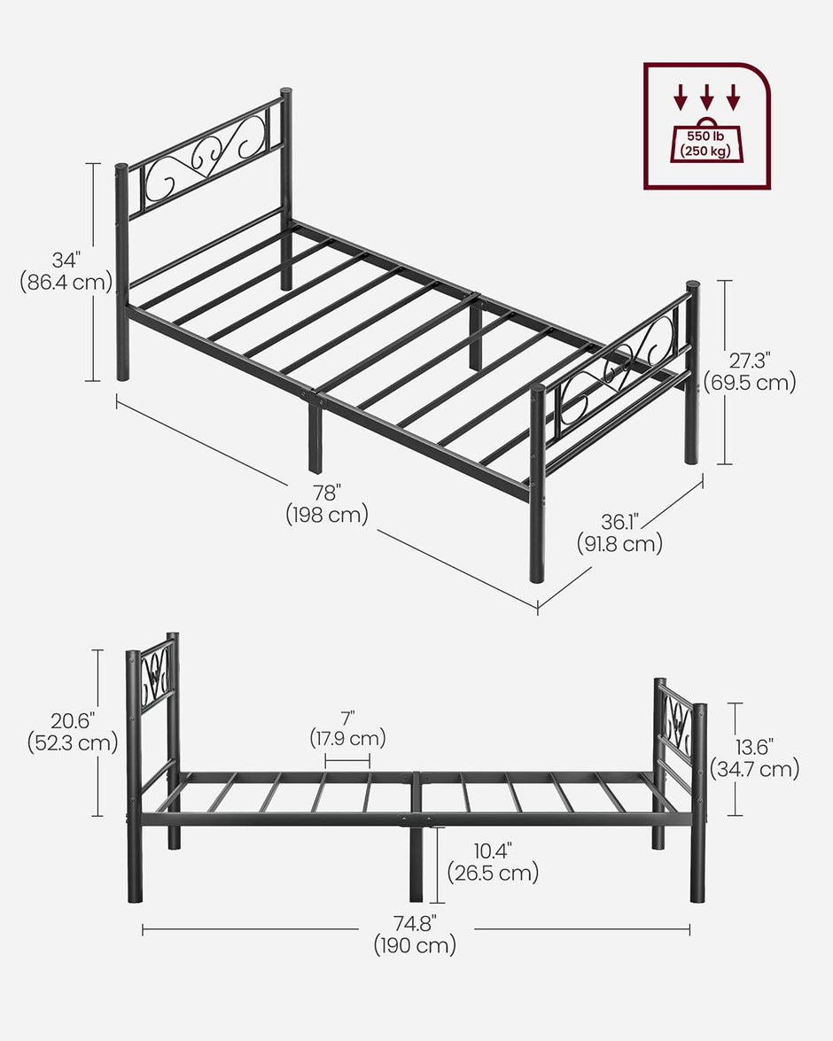 Single Metal Bed Frame – Metal – Black – No Box Spring Needed, Fits 90 x 190 cm Mattress