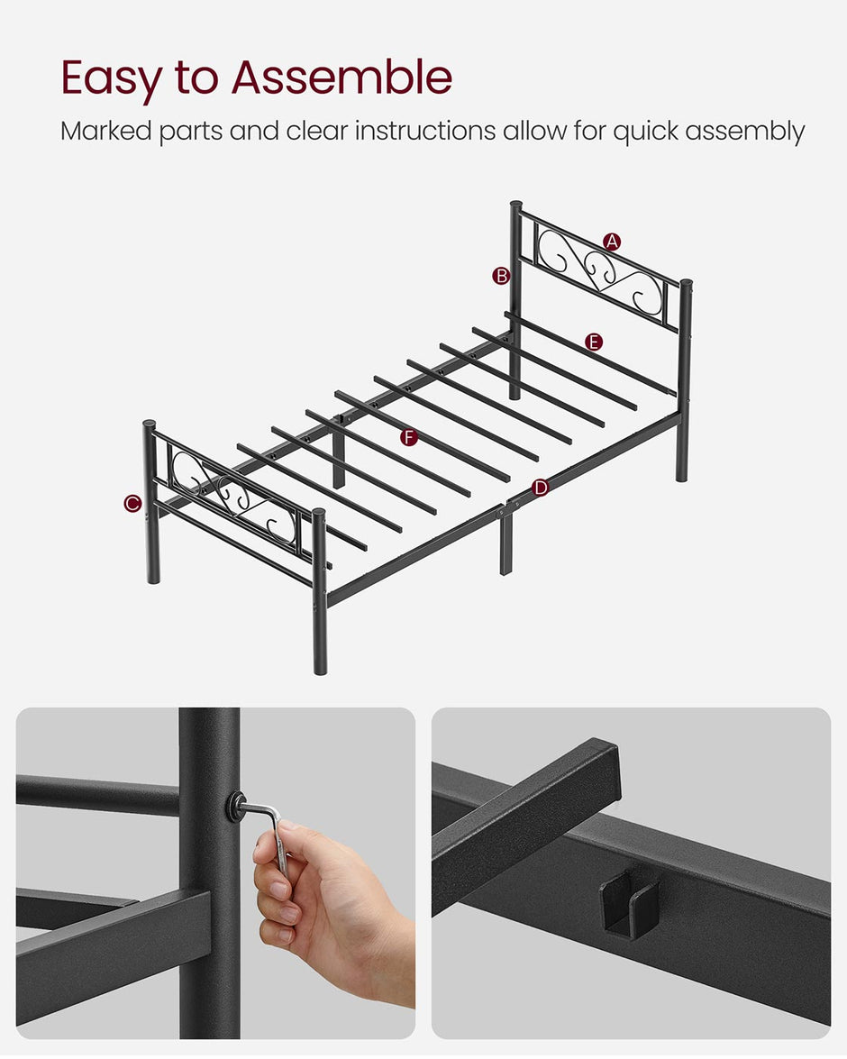 Single Metal Bed Frame – Metal – Black – No Box Spring Needed, Fits 90 x 190 cm Mattress