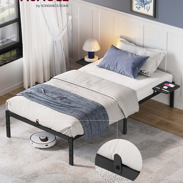 Single Bed Frame – Metal – Ink Black – Features Bedside Shelves, Easy Assembly, Suitable for 90 x 190 cm Mattresses