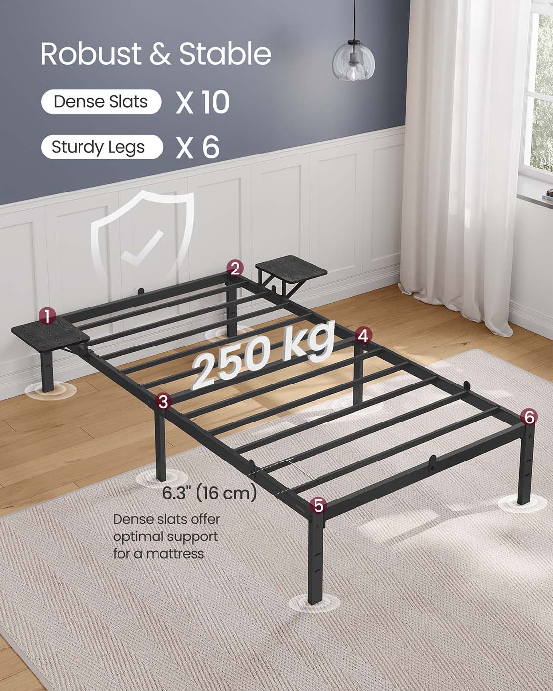 Single Bed Frame – Metal – Ink Black – Features Bedside Shelves, Easy Assembly, Suitable for 90 x 190 cm Mattresses
