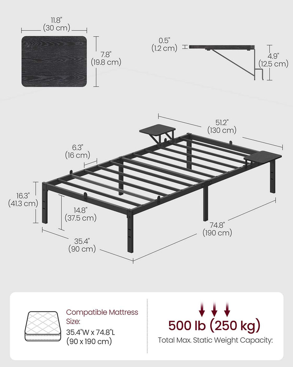 Single Bed Frame – Metal – Ink Black – Features Bedside Shelves, Easy Assembly, Suitable for 90 x 190 cm Mattresses