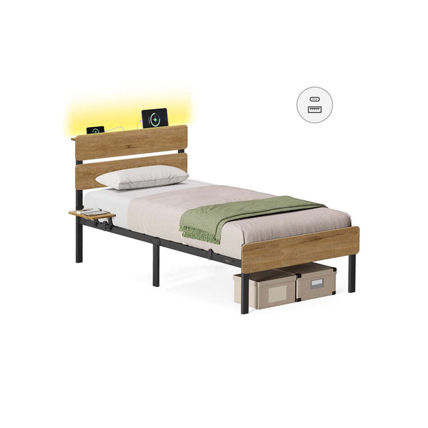 Metal Bed Frame – Steel – Natural Brown – LED Lights, USB Ports, Under-Bed Storage