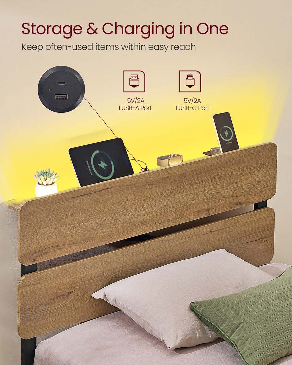 Metal Bed Frame – Steel – Natural Brown – LED Lights, USB Ports, Under-Bed Storage