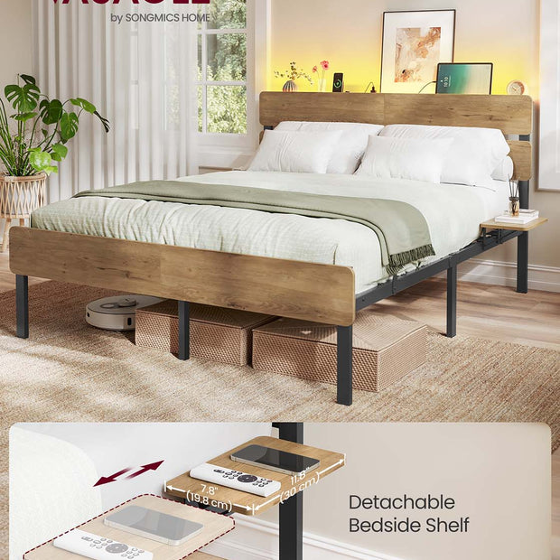Metal Bed Frame – Metal – Natural Brown – LED Lights, USB Ports, Under-Bed Storage