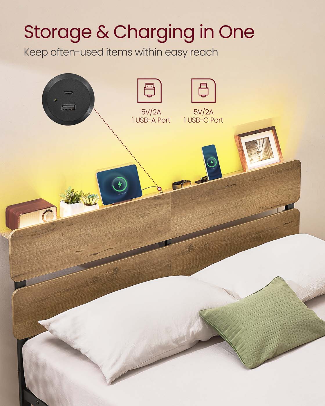 Metal Bed Frame – Metal – Natural Brown – LED Lights, USB Ports, Under-Bed Storage