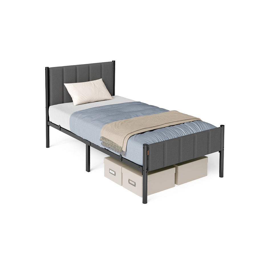 Metal Single Bed Frame – Upholstered Headboard – Slate Grey – Easy Assembly, 90 x 190 cm, 250 kg Weight Capacity