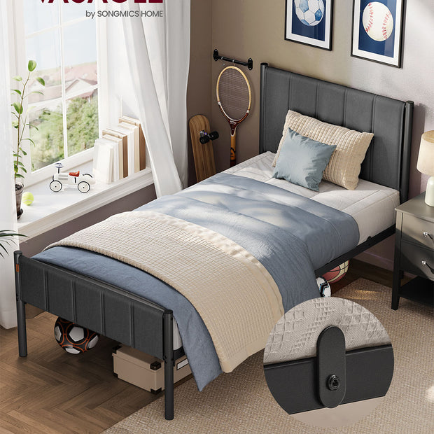Metal Single Bed Frame – Upholstered Headboard – Slate Grey – Easy Assembly, 90 x 190 cm, 250 kg Weight Capacity