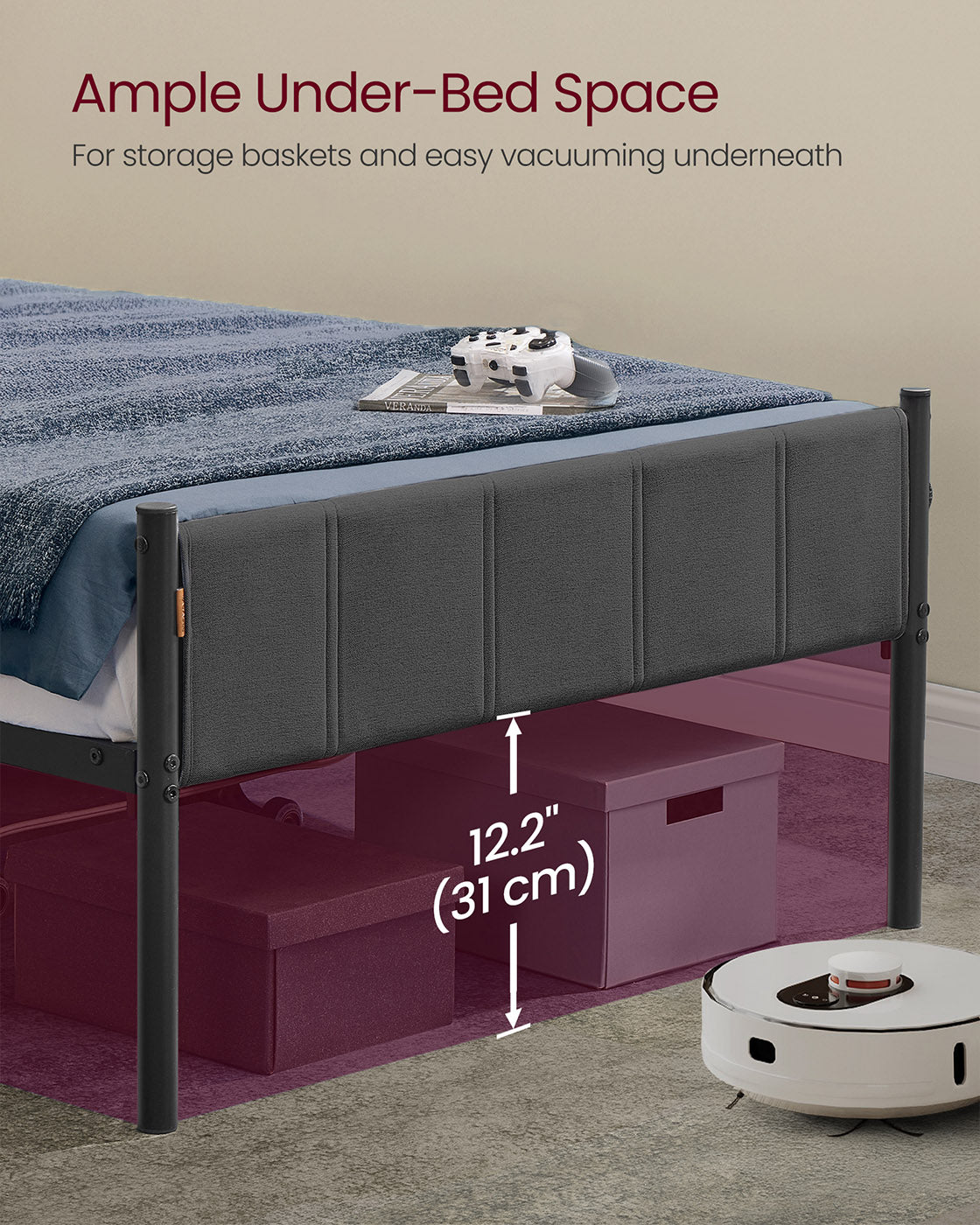 Metal Single Bed Frame – Upholstered Headboard – Slate Grey – Easy Assembly, 90 x 190 cm, 250 kg Weight Capacity