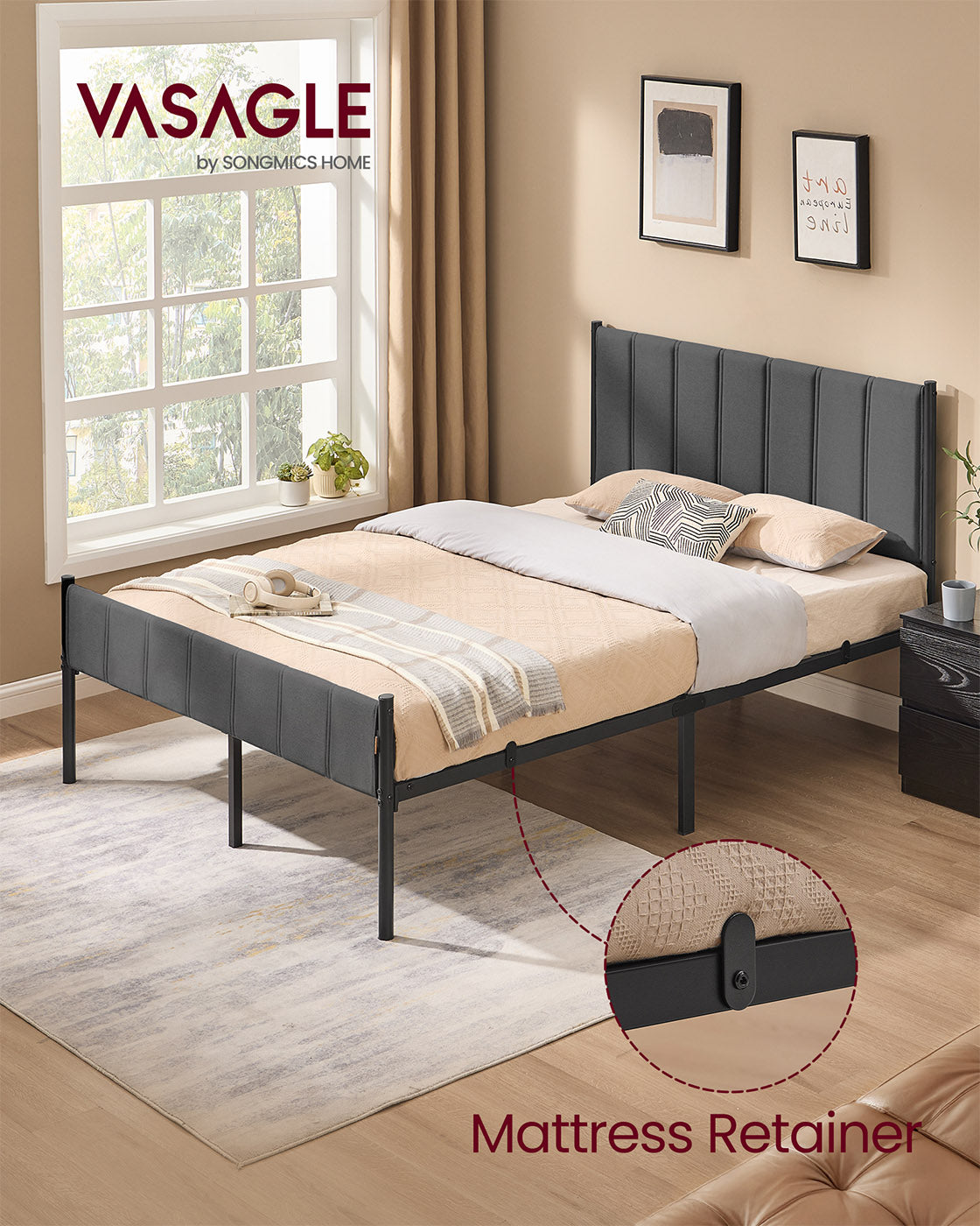 Double Bed Frame – Metal – Slate Grey – Upholstered Headboard, Easy Assembly