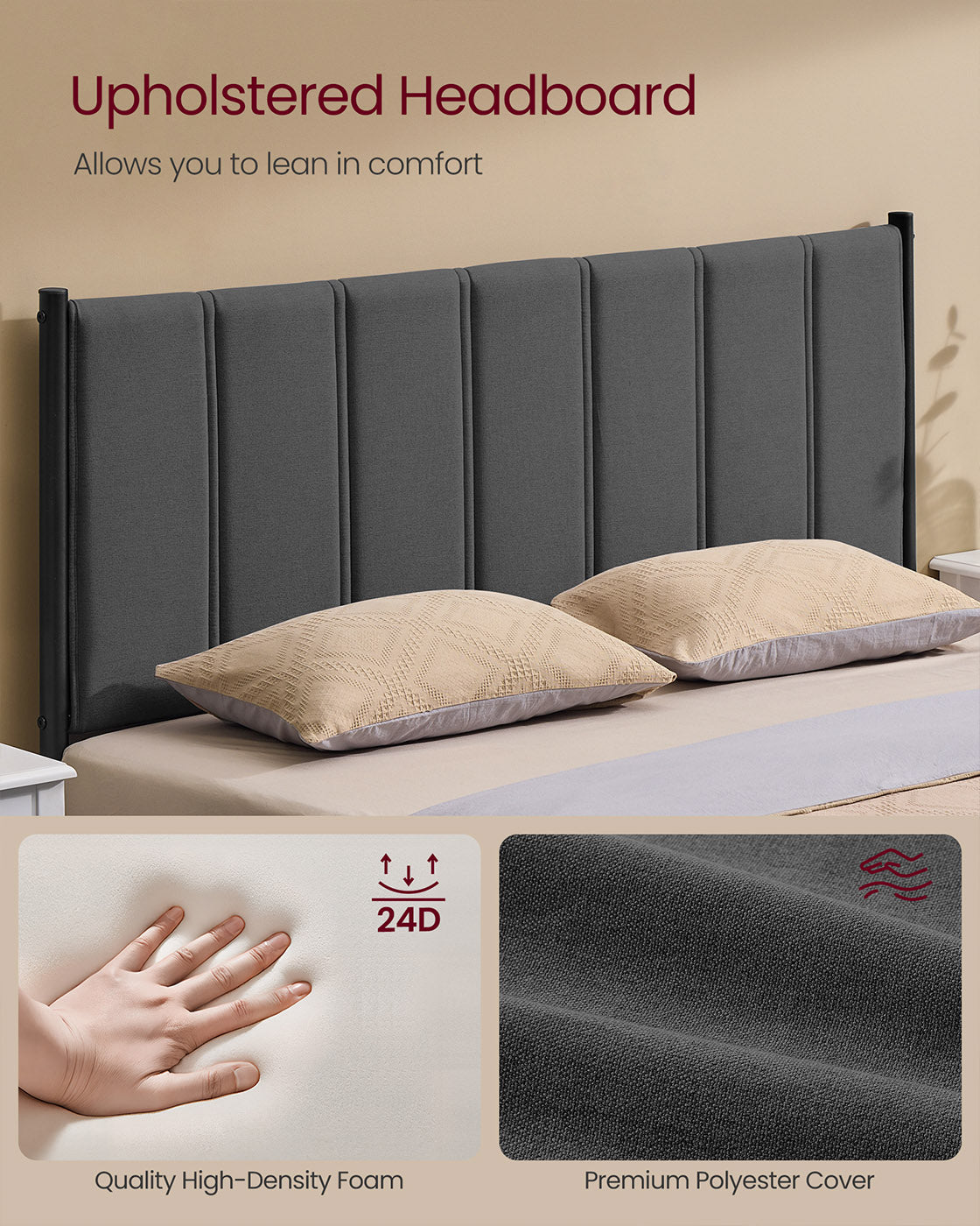 Double Bed Frame – Metal – Slate Grey – Upholstered Headboard, Easy Assembly