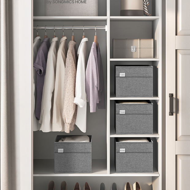 Set of 2 Foldable Storage Organisers – Oxford Fabric and Linen-Look – Dove Grey – Washable with Metal Label Holders