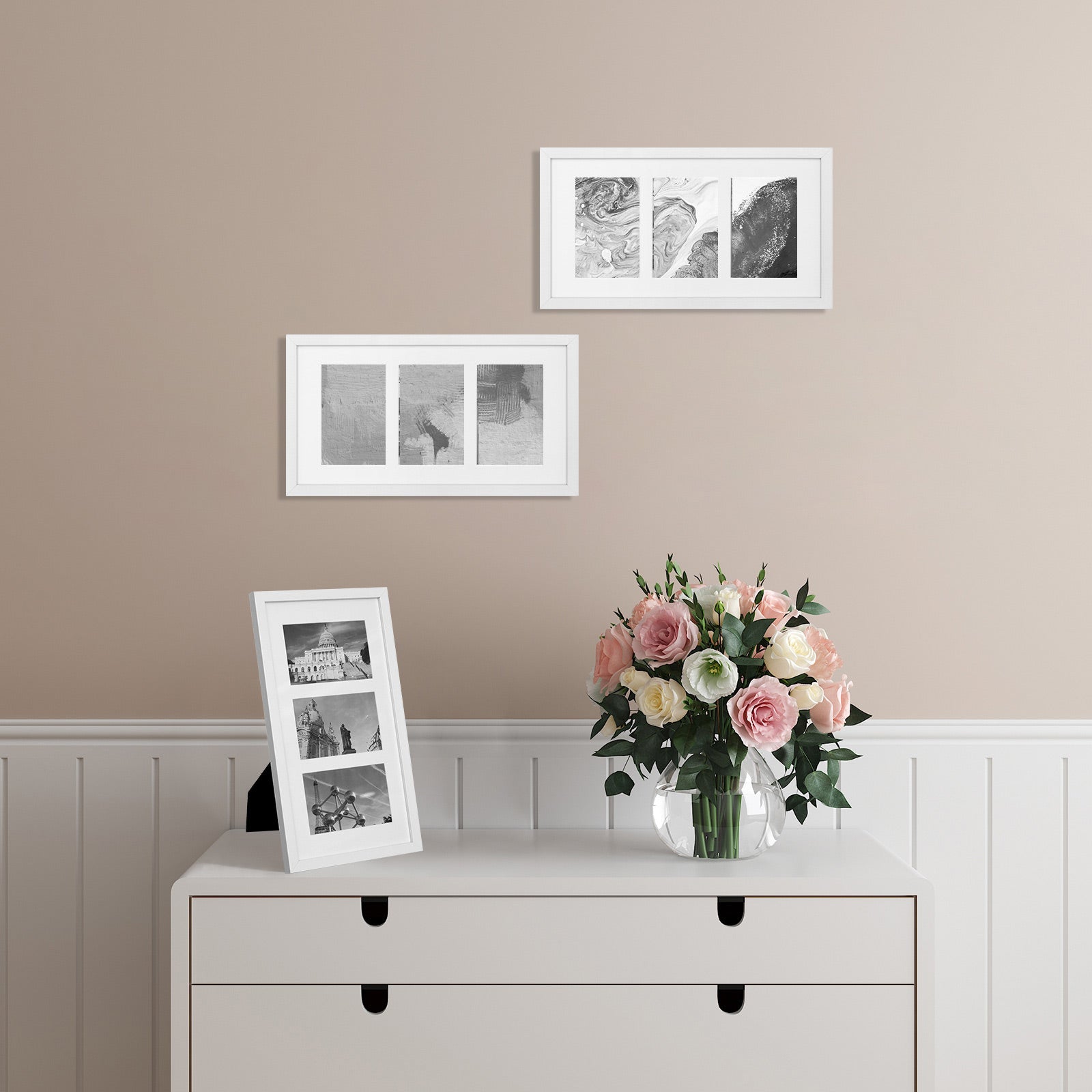 Triple Picture Frame – MDF with Glass Front – White – Wall Mounted or Table Top Display for Three 10 x 15 cm Photos