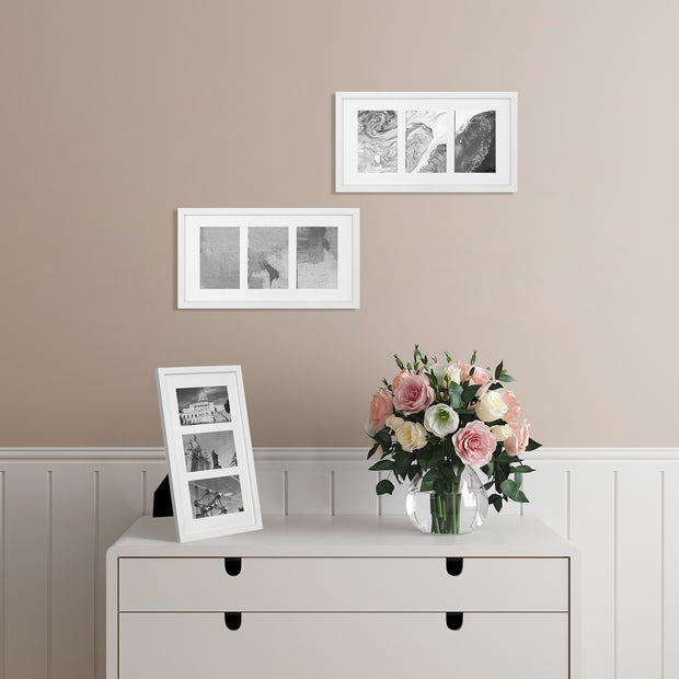 Triple Picture Frame – MDF with Glass Front – White – Wall Mounted or Table Top Display for Three 10 x 15 cm Photos