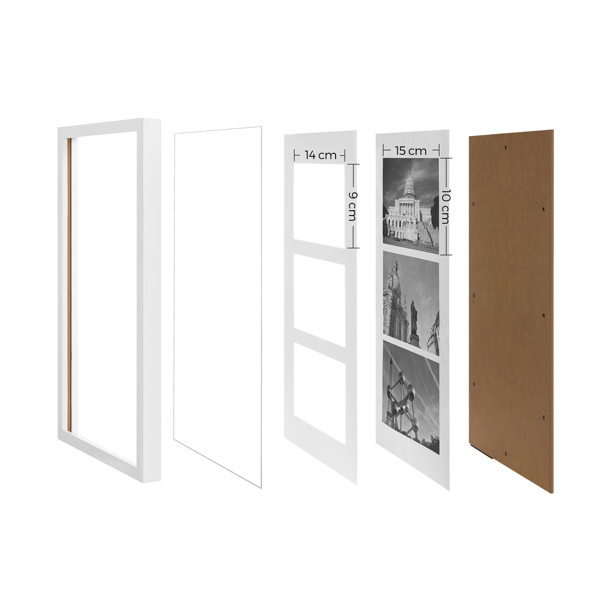 Triple Picture Frame – MDF with Glass Front – White – Wall Mounted or Table Top Display for Three 10 x 15 cm Photos