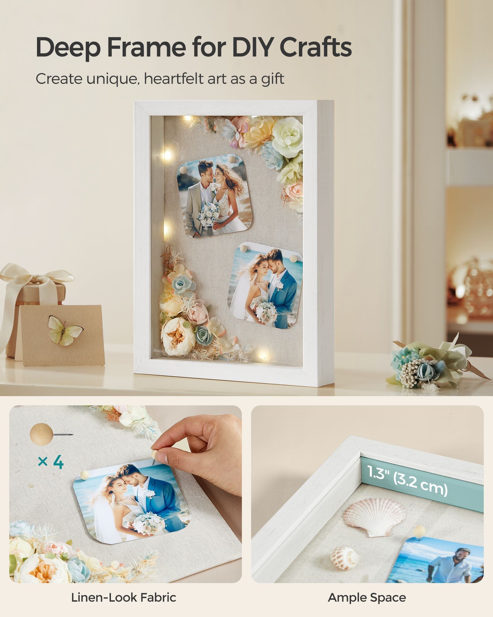 A4 Shadow Box Picture Frame – Wood – Multi-Photo – Includes 3 Mats and 4 Push Pins