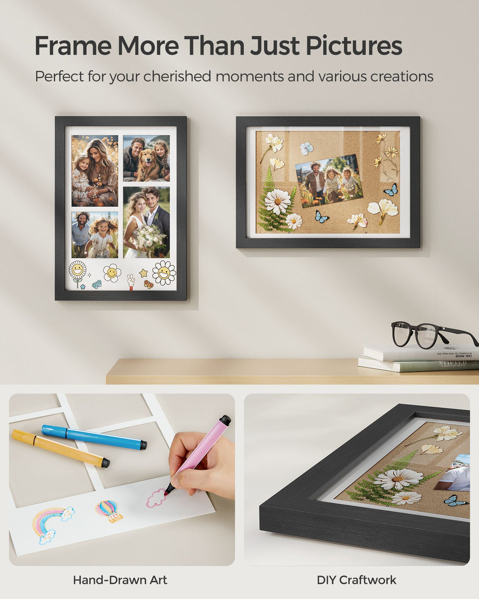 A4 Multi Photo Frame – Wood – Ash Black – Includes 3 Mats and Non-Trace Nails