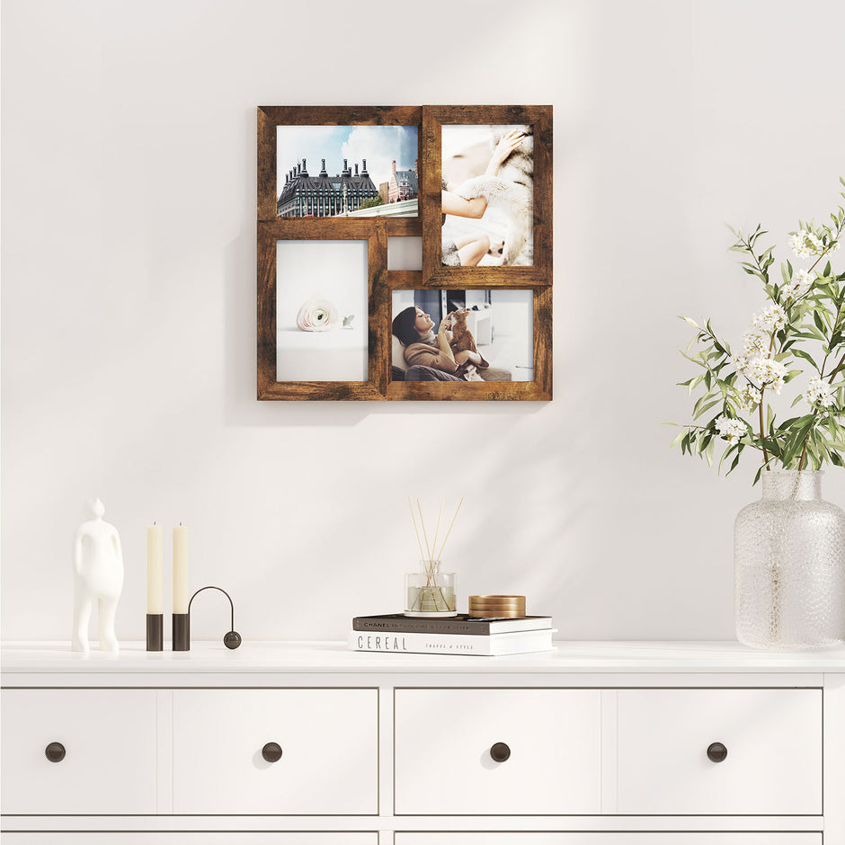 Collage Picture Frames – Wood Grain – Rustic Brown – Wall Mounted Display for 4x6 Photos