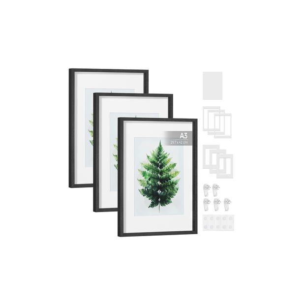 Set of 3 Gallery Photo Frames – MDF – Ash Black – Includes Mats for A3, A4, 11x14 Pictures