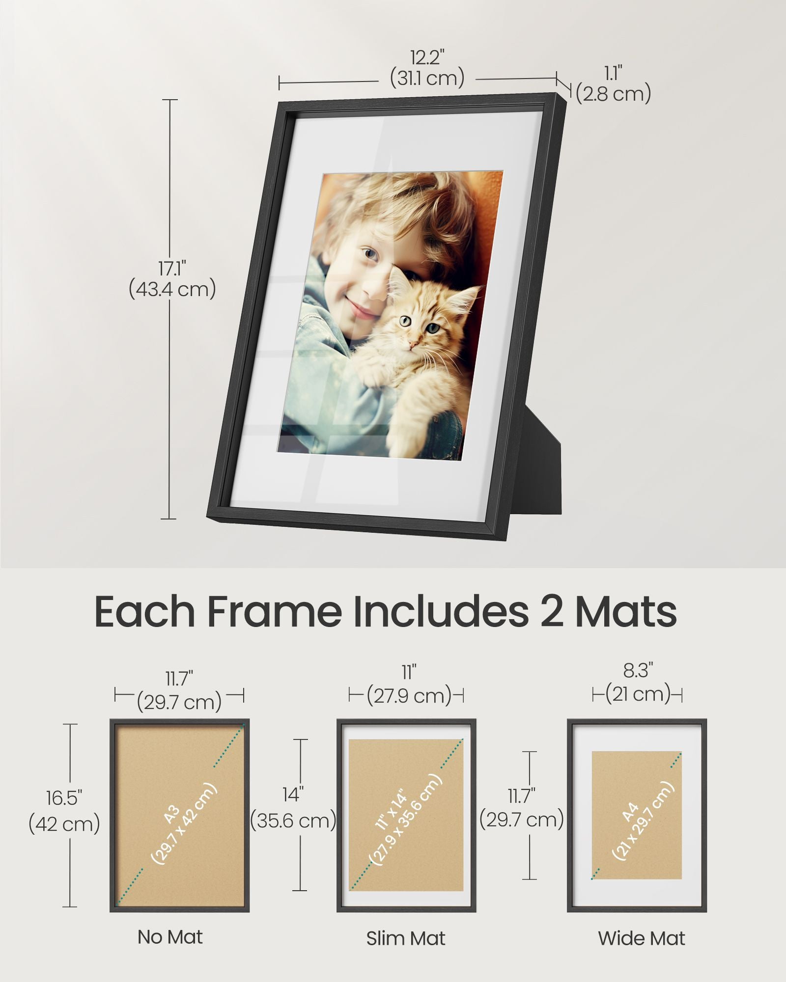 Set of 3 Gallery Photo Frames – MDF – Ash Black – Includes Mats for A3, A4, 11x14 Pictures